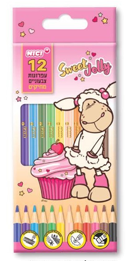עפרונות צבעוניים מחיקים - סט 12 צבעים | דגם ניקי קאפקייקס