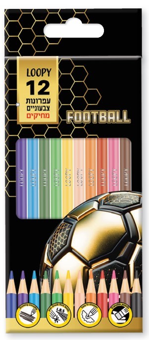 עפרונות צבעוניים מחיקים - סט 12 צבעים | דגם כדורגל זהב