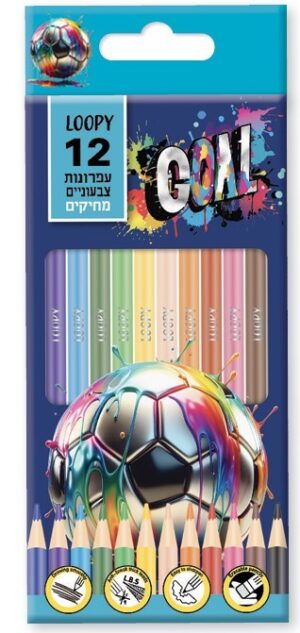 עפרונות צבעוניים מחיקים - סט 12 צבעים | דגם כדורגל צבעוני